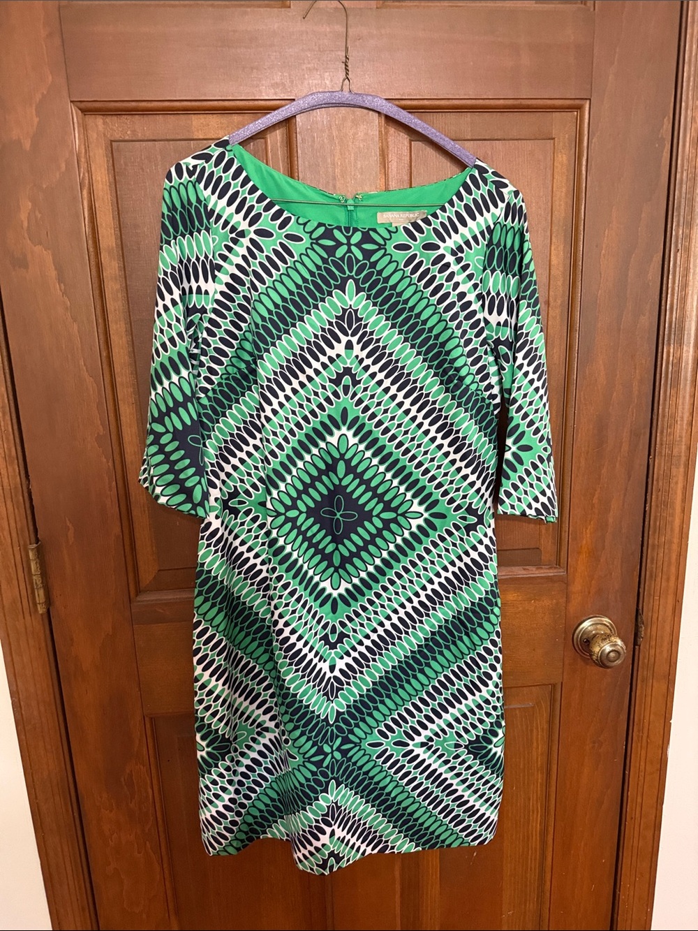 Banana Republic Green and Black Geometric Long Sleeve Shift Dress